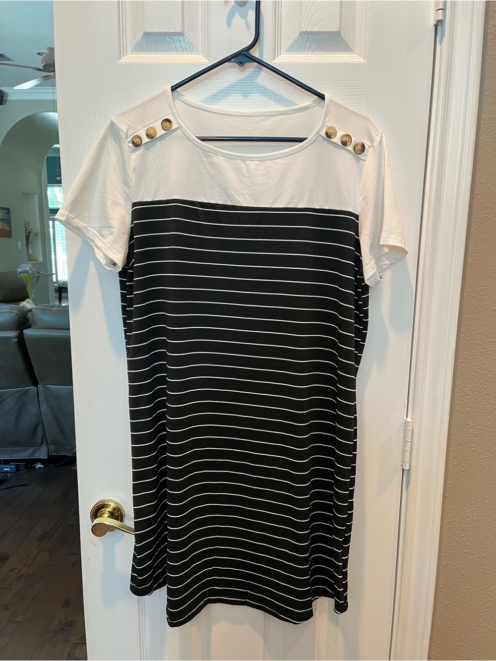 Black & White Striped Mini Dress with Gold Shoulder Buttons